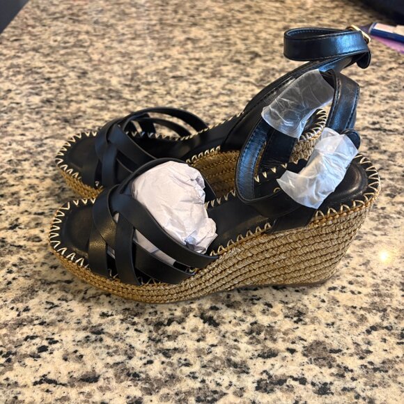 Fashion Nova Lottie Raffia Ankle Strap Platform Wedges Black | Size 7 New No Box - Picture 5 of 8